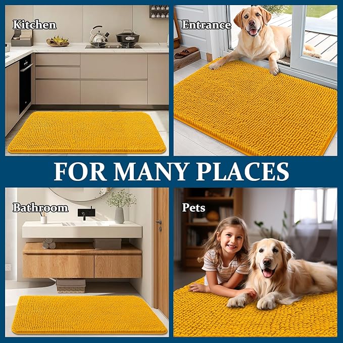 OLANLY Dog Door Mat for Muddy Paws 50x30, Absorbs Moisture and Dirt, Absorbent Non-Slip Washable Doormat, Quick Dry Chenille Mud Mat, Entry Indoor Entryway Carpet for Inside Floor, Golden Yellow