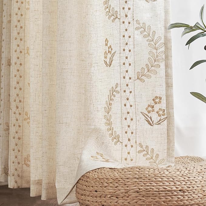jinchan Belrose Linen Curtains for Bedroom Floral Curtains 72 Inch Length Linen Blend Beige Embroidered Drapes Farmhouse Flower Patterned Drapes for Living Room Window Treatments Set 2 Panels