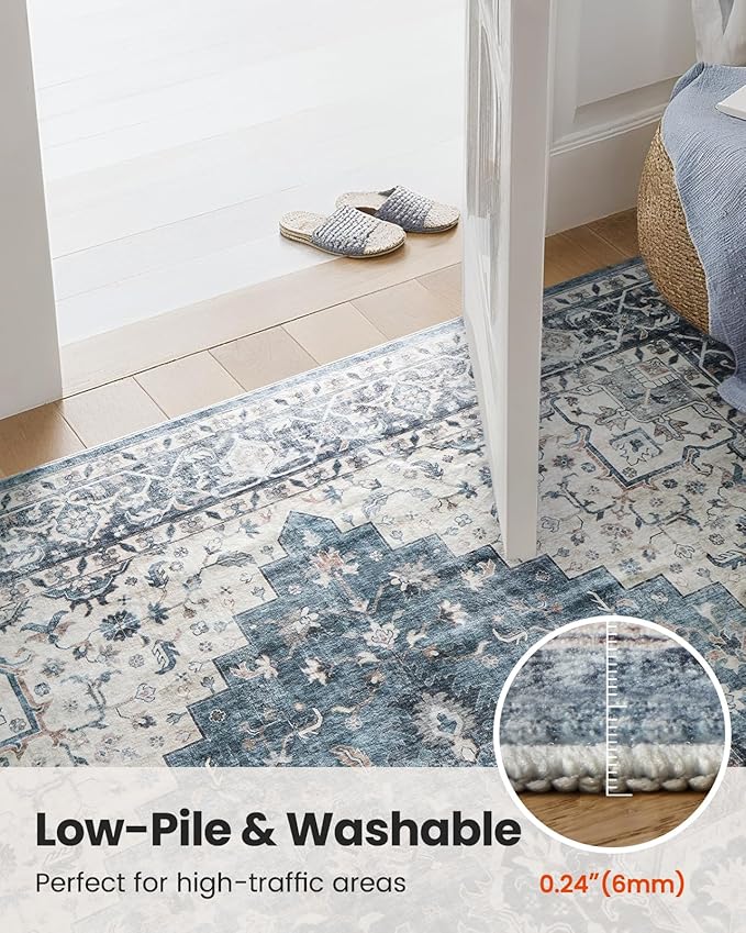 AMADA HOMEFURNISHING Round 5ft Area Rugs, Low-Profile Washable Rug with Non-Slip Backing & Durable Edge Binding, Vintage Rugs for Living Room, Bedroom, Dinning Room