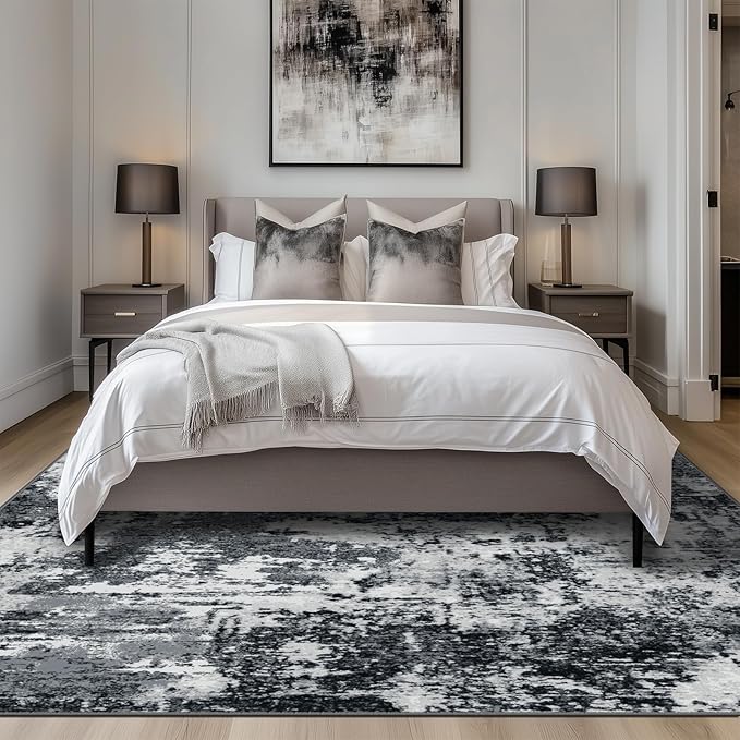 Washable Area Rugs Square 7ft Non-Slip Modern Abstract Soft for Living Room Entryway Bedroom Nursery, Print Pattern, Black Navy Blue Gray