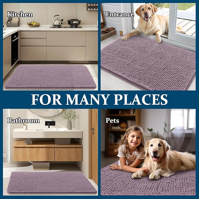 OLANLY Dog Door Mat for Muddy Paws 47x32, Absorbs Moisture and Dirt, Absorbent Non-Slip Washable Doormat, Quick Dry Chenille Mud Mat for Dogs, Entry Indoor Entryway Carpet for Inside Floor, Deep Plum