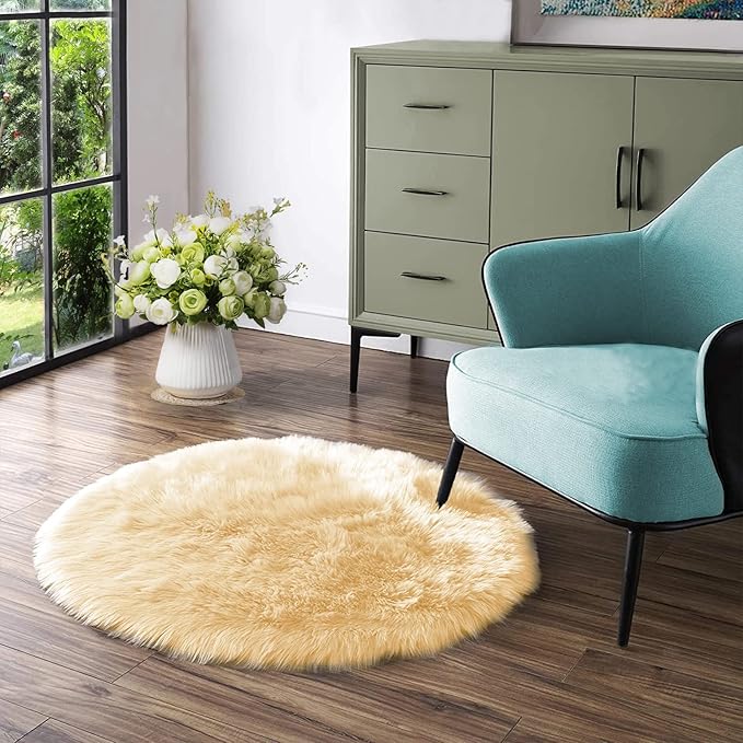 Latepis Yellow Fluffy Circle Rugs for Living Room Round Rug 6.7ft Plush Shag Washable Soft Rug Faux Fur Sheepskin Rugs for Bedroom Home Decor