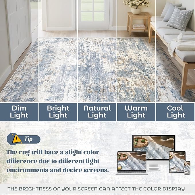 XLUEZ Round Rug 4ft for Bedroom, Washable Modern Abstract Circle Rug Neutral Soft Non Slip Kids Rug Stain Resistant Indoor Carpet for Living Room Nursery Playroom Dorm Girls Boys Room(Blue, 4' Round)