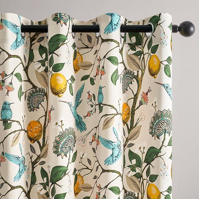 Topfinel Floral Curtains 90 Inches Long 2 Panels Unique Natural Beige Luxury Elegant Colorful Euro Flower Hummingbird Patterned Rustic Vintage Grommet Drapes for Classroom Room Office Closet 52x90