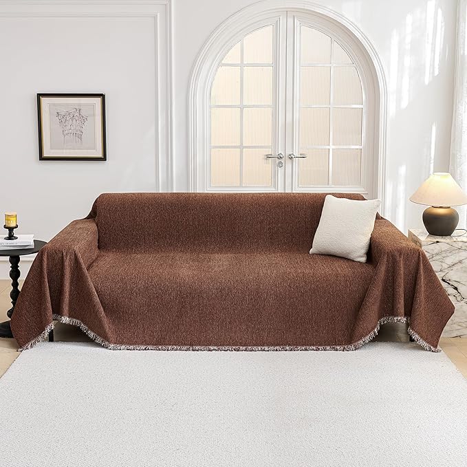 MYSKY HOME Chocolate Couch Cover Non Slip Dog Sectional Sofa Cover for 3 Cushion Couch Sofa Slipcover with Tassels Futon Cover Non Slip Washable Furniture Protector Cover for Pet, Cat, 91"x118"