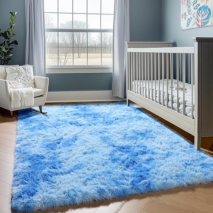 ONASAR Area Rugs for Bedroom Living Room, Fluffy Fuzzy Shag Shaggy 4x6 Bedside Tie-Dye Blue Rug, Soft Plush Indoor Floor Carpet for Nursery Kids Girls Boys Teen Dorm Home Office Decor Aesthetic