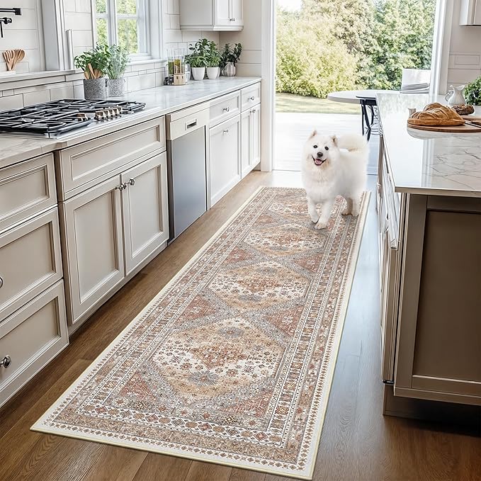 Hallway Runner Rug 2x12, Extra Long Washable Runner Rugs with Rubber Backing, Non Slip Runner, Vintage Rug Runners for Kitchen Laundry Room Entryway (Orange,2'x12')