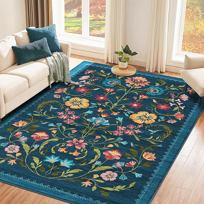 GarveeHome Washable Rug 3x5 Area Rugs for Living Room, Floral Rug for Bedroom, Soft Boho Non Slip Throw Rugs with Rubber Back, Low Pile Stain Resistant Vintage Floral Carpet for Dining Room, Blue