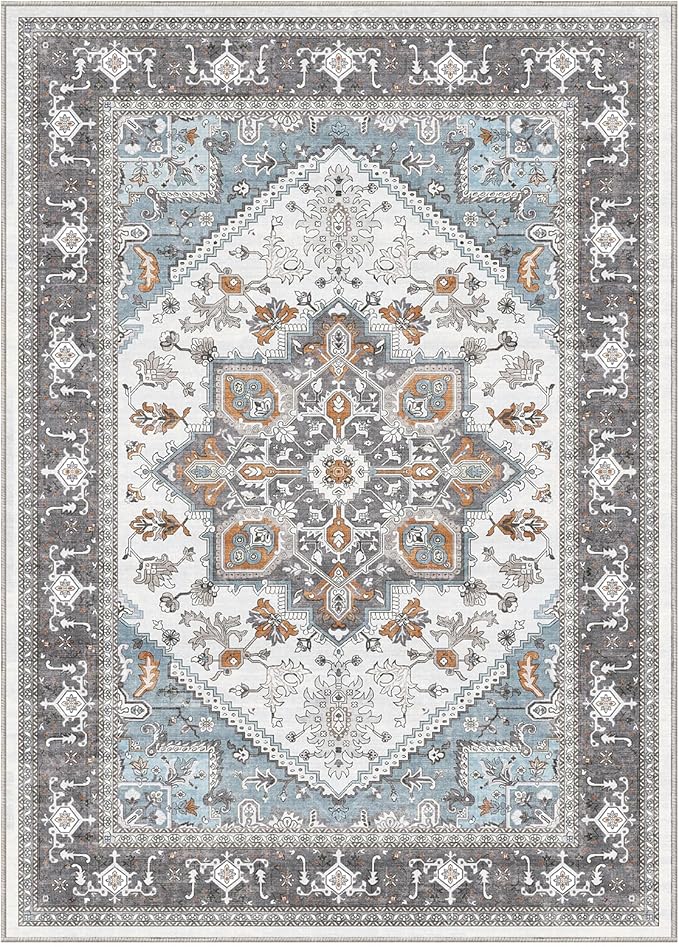 OPPODREAM Soft 8x10 Area Rugs, Washable Rugs 8x10 with Non Slip Backing, Faux Cashmere Low-Pile 8 x 10 Carpet, Grey & Teal & Yellow