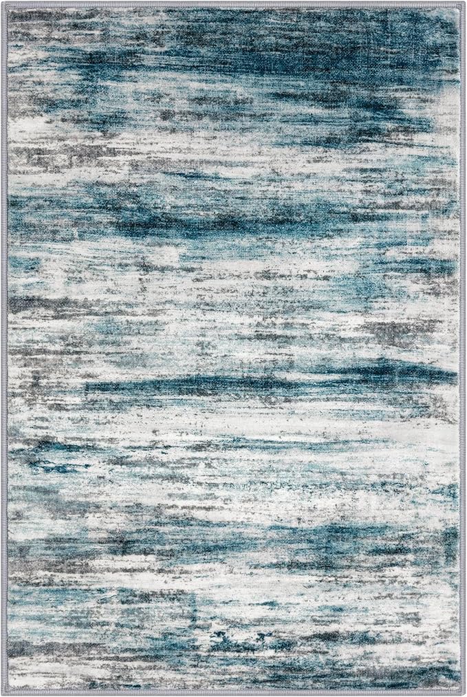 KOZYFLY Modern Abstract Small Area Rugs 2x3, Washable Kitchen Rug Non-Slip Soft Small Bathroom Rug, Blue Striped Entryway Rugs Print Faux Wool Doormat for Bedside Entrance Bedroom Sink
