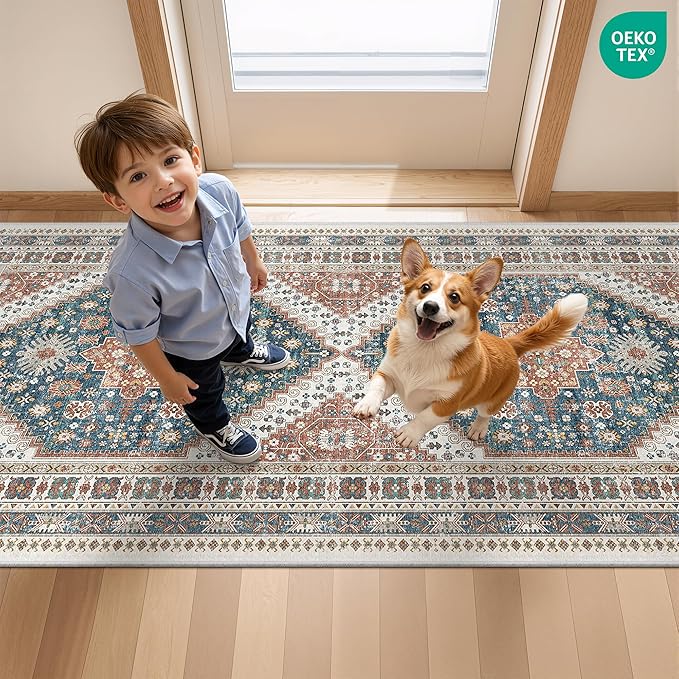 2x5 Rug Runner Washable for Entryway, Soft Bathroom Rugs with Non-Slip Backing,Vintage Low Pile Stair Runner, Small Kitchen Carpet for Hallways, Laundry Room(Blue/Red,2'x5')