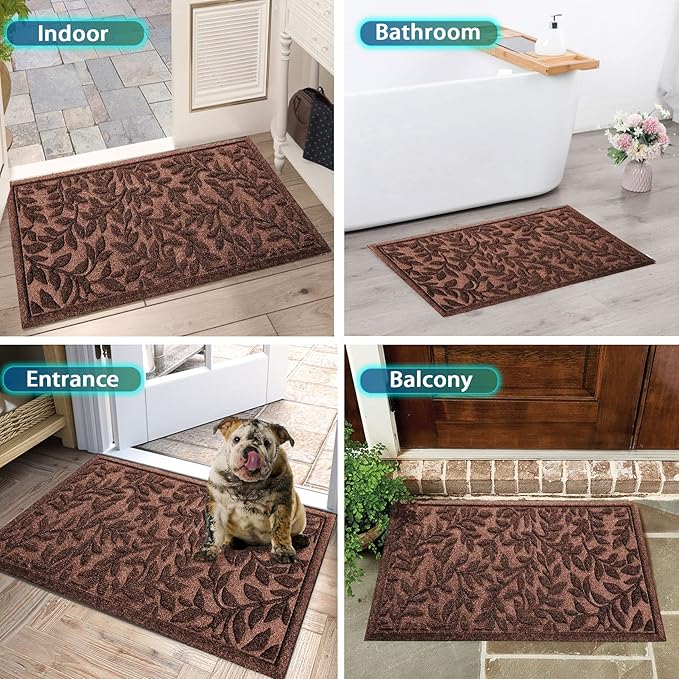 Bulijojo Sturdy Front Entrance Doormats,Durable Heavy Duty Welcome Mat,Thick Absorbent Natural Rubber Non Slip Mat,Easy Clean Entryway Mat Leaves Brown 23"x35"