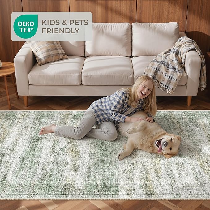 Washable Runner Rugs for Bedroom - 2x6 Runner Rug Non Slip, Ultra-Thin Entryway Runner, Soft Abstract Kitchen Runner for Hallway, Laundry, Indoor Door Mat(2'x6', Green/Yellow/Ivory)