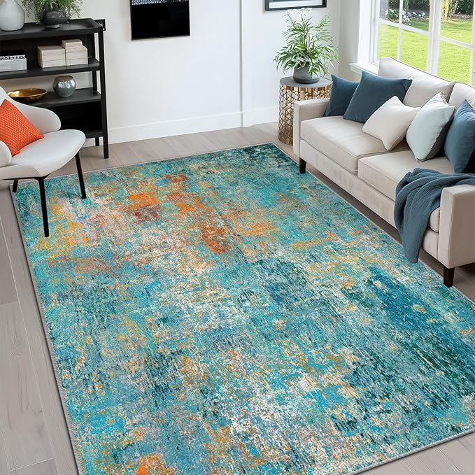 Washable Area Rugs 5'x7' Non-Slip Modern Abstract Soft for Living Room Entryway Bedroom Nursery, Print Pattern, Teal Blue Green Orange Rust Red Coloreful