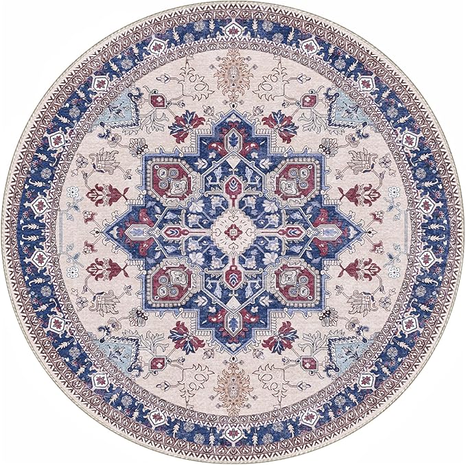 OPPODREAM Soft Round Rug 6ft, Washable Circle Rug 6ft with Non Slip Backing Play Room, Low-Pile Carpet 6 ft, Faux Cashmere Throw Carpet, Navy Blue & Red & Cream