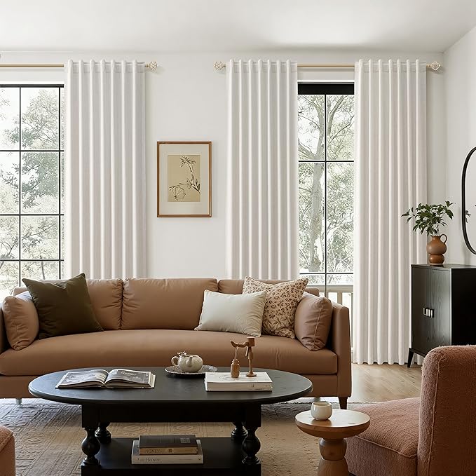 Guken Light Beige 100% Blackout Curtains 112 Inch Length 2 Panels Set Neutral Linen Farmhouse for Bedroom Back Tab Thermal Insulated Black Out Drapes Room Darkening Window Curtain 112 Inches Long