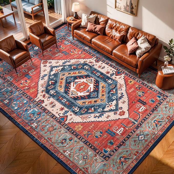 SERISSA 7x9 Area Rugs for Living Room, Large Washable Non-Slip Boho Rug, Ultra Soft Vintage Rust Oriental Tribal Print Distressed Carpet for Dining Room Bedroom Dorm Office Home Decor