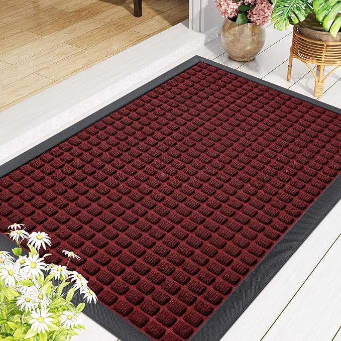 Smiry Front Door Mat Outside Entrance, Heavy Duty Natural Rubber Doormat, Non Slip, Trap Dirt and Moisture, Easy Clean, Low Profile Welcome Floor Mats for Indoor Outdoor Entry, 35x23 Inch, Red