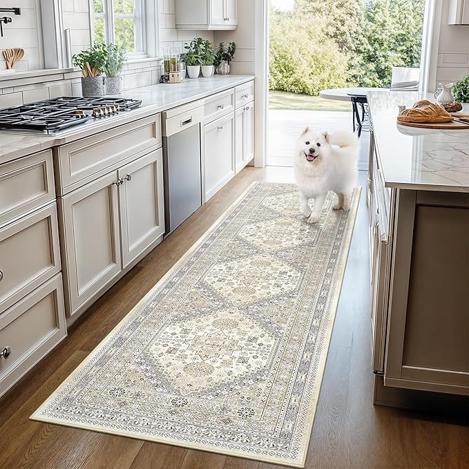3x8 Runner Rug Non Slip Washable for Entryway, Front Porch, Vintage Hallway Runner for Laundry Room, Bedroom, Stain Resistant Thin Indoor Kitchen Mats for Floor(Beige,3'x8')