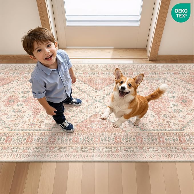 Runner Rug 2x10, Ultra-Thin Kitchen Rugs Non Slip Washable Rugs for Entryway Rug, Kitchen Runner Low Pile Vintage Soft Carpets for Living Room, Bathroom Bedroom (Pink,2'x10')