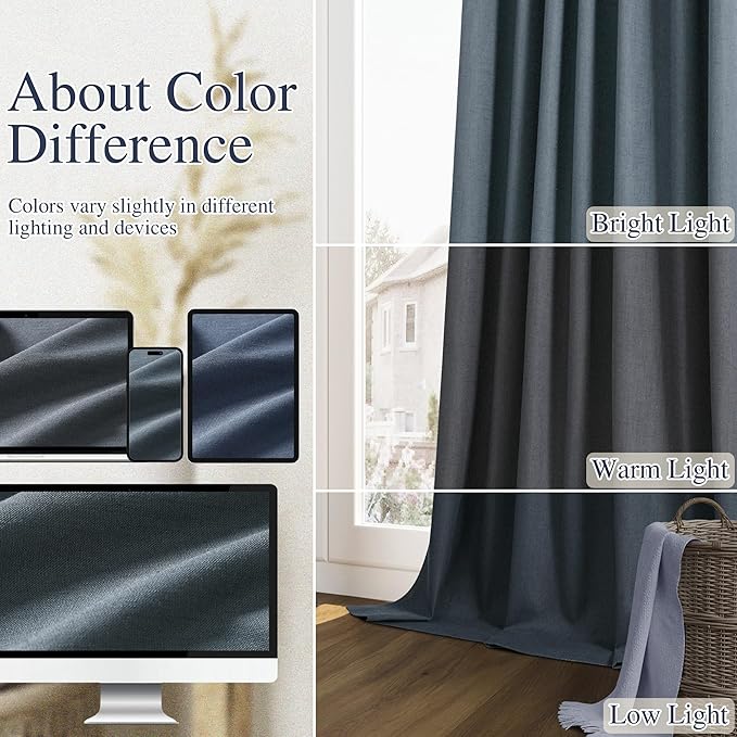 Guken Vintage Blue 100% Blackout Linen Curtains 84 Inch Length 2 Panels Set for Living Room Bedroom Back Tab/Rod Pocket Thermal Insulated Black Out Drapes Room Darkening Window Curtains