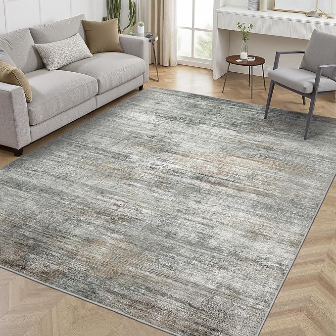 BEIMO Area Rugs 10x14 for Living Room Bedroom, Modern Abstract Machine Washable Rug, Large Soft Low Pile Floor Cover with Non Slip Backing for Dining Room, Ash Gray Brown