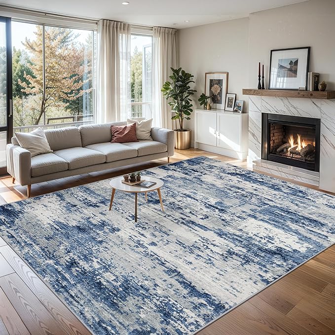 8x10 Area Rugs for Living Room - Washable Rug Modern Abstract Soft Large Neutral Non-Slip Carpet Indoor Floor Thin Carpets for Bedroom Dining Room Farmhouse Nursery Home Office Blue Gray
