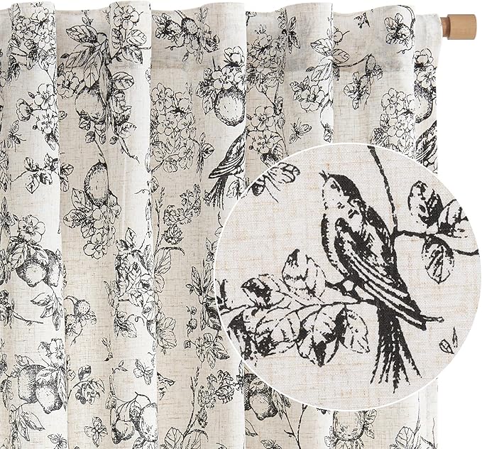 jinchan Linen Floral Curtains for Living Room 63 Inch Length Black Printed Flower Light Filtering French Country Curtain Farmhouse Cottage Core Toile Curtains Back Tab Window Drapes Set 2 Panels