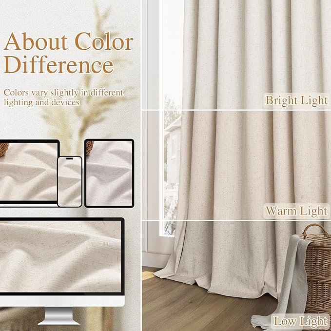 Guken 100% Blackout Linen Curtains 96 Inch Length 2 Panels Set for Living Room Bedroom Back Tab Thermal Insulated Black Out Drapes Room Darkening Farmhouse Style for Bedroom Window Curtains 40 Wide