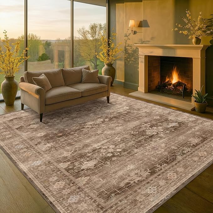 Hazo Haus Gold Brown 8x12 Big Rugs for Living Room - Non Slip Washable Vintage Area Rug for Dining Room Under Table, Geometric Floral & Low Pile Boho Bedroom Decor