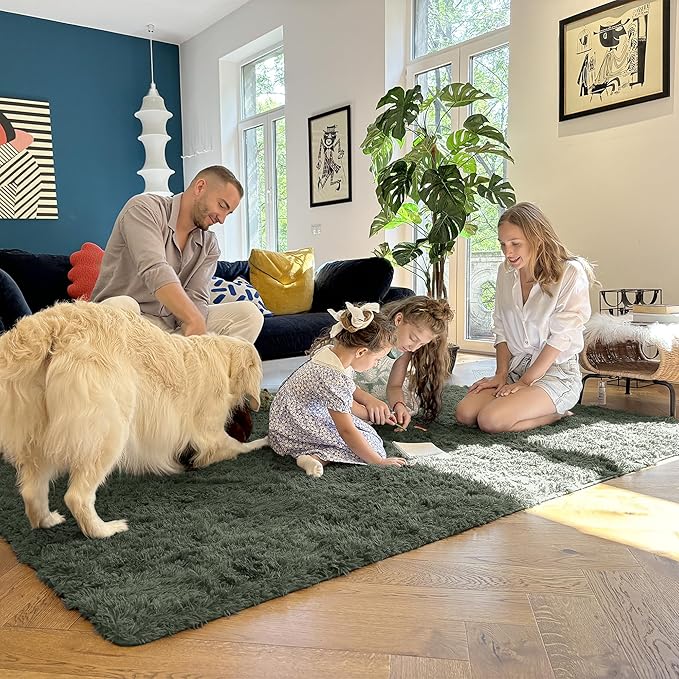 OLANLY 6x9 Machine Washable Large Area Rugs for Living Room, Bedroom, Soft Fluffy Shaggy Bedside Rug, Indoor Floor Carpet for Kids Girls and Boys, Dorms, Nursery, Home Decor Aesthetic, Olive Green