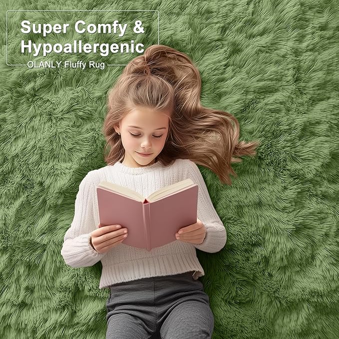 OLANLY Area Rugs for Living Room Bedroom, Machine Washable 4x5.9 ft Soft Fluffy Shaggy Bedside Rug, Indoor Floor Carpet for Kids Girls and Boys, Dorms, Nursery Rooms, Home Decor Aesthetic, Green