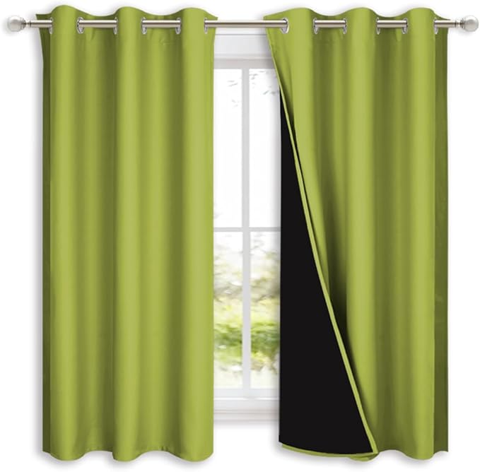 NICETOWN 100% Blackout Short Curtains with Black Liners, 2 Panels, 37" W by 60" L, Fresh Green, Solid Thermal Insulated Full Blackout 2-Layer Lined Drapes, Energy Efficiency Window Drapes for Bedroom