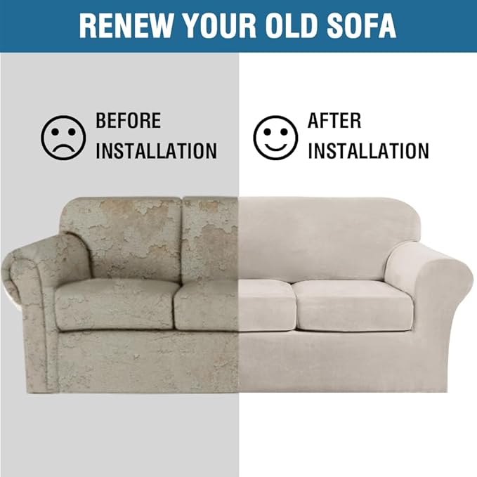 H.VERSAILTEX Modern Velvet Plush 4 Piece High Stretch Sofa Slipcover Furniture Protector Form Fit Velvet Extra Large Sofa Cover for 3 Cushion Couch Width Up to 105 Inch (XL Sofa, French Oak)