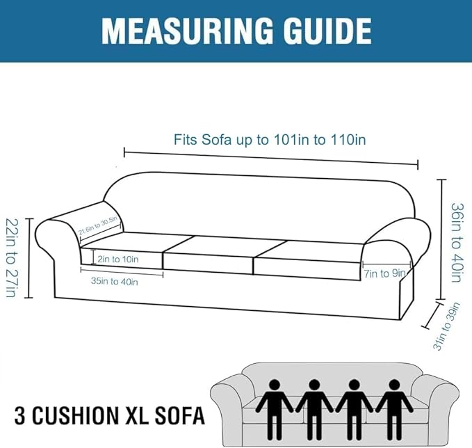 H.VERSAILTEX 4 Piece Stretch Sofa Covers for 3 Cushion Couch Covers for Living Room Furniture Slipcovers (Base Cover Plus 3 Seat Cushion Covers) Upgraded Thicker Jacquard Fabric (XL Sofa, Black)