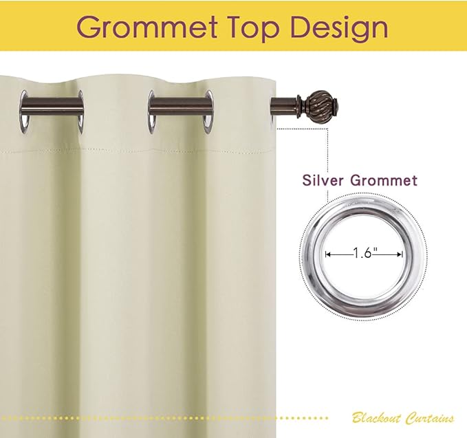 NICETOWN Room Darkening Beige Curtains for Living Room, W34 x L60, Set of 2, Window Treatment Thermal Insulated Solid Grommet Blackout Vertical Drapes for Bedroom