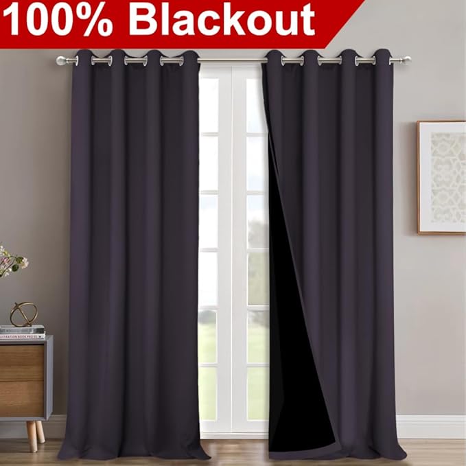 NICETOWN 100% Blackout Curtains for Windows, Pack of 2, Greyish Purple, 52" W x 102" L, Super Heavy-Duty Black Lined Total Darkness Drapes for Bedroom, Privacy Assured Window Treatment for Patio