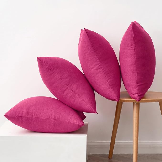 MIULEE Pack of 4 Decorative Outdoor Throw Pillow Covers Linen Waterproof Pillow Covers Farmhouse Cushion Cases for Patio Garden Tent Balcony Couch Sofa 16x16 inch Hot Pink