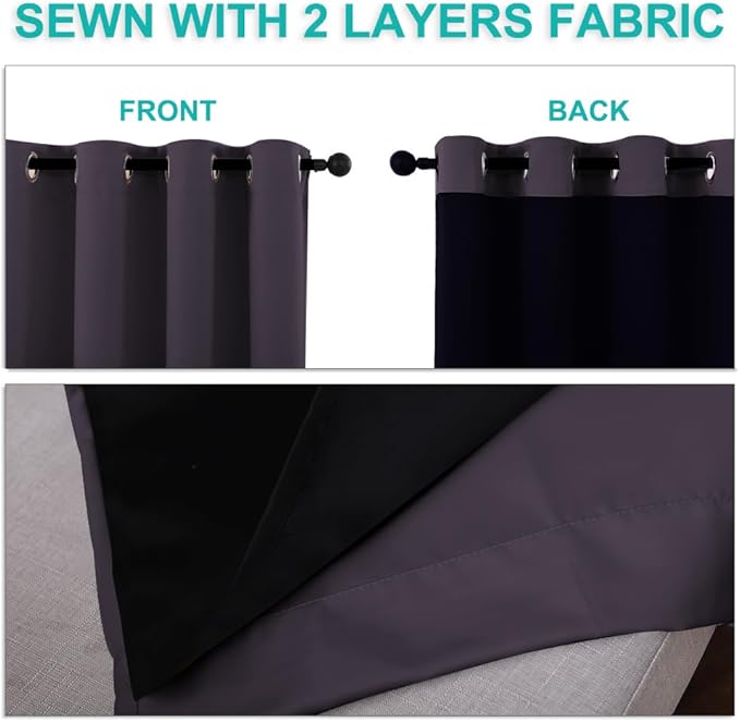 NICETOWN 100% Blackout Lined Curtains, Greyish Purple, 1 Pair, 62" Width x 63" Length Each Panel, 2 Thick Layers Completely Blackout Window Treatment Thermal Insulated Drapes for Kitchen/Bedroom