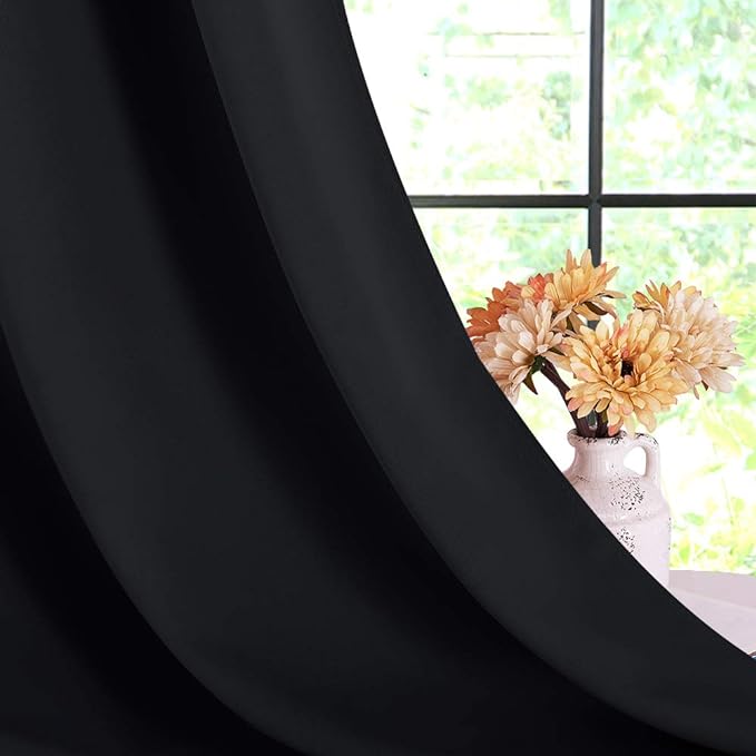 NICETOWN Blackout Draperies Window Curtain Panels, Autumn/Winter Thermal Insulated Solid Grommet Blackout Curtains/Drapes for Cafe (Set of 2, 70 inches by 84 inches, Black)