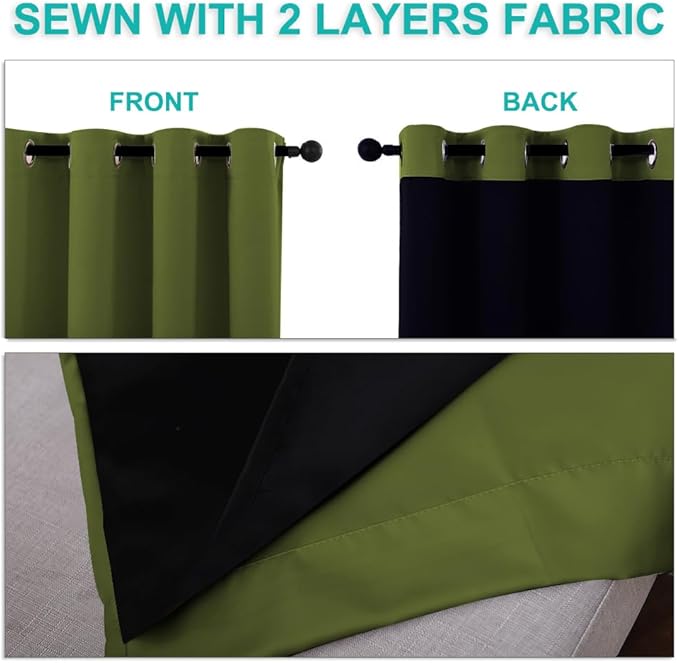 NICETOWN Olive Green Full Shade Curtain Panels, 37" Wide x 80" Long, Olive Green, Pair of Thermal Insulated & Energy Efficiency Blackout Drapes for Living Room, Lined Silky Performance Window Dressing
