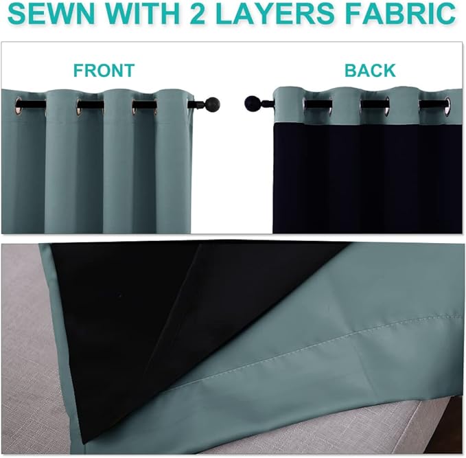 NICETOWN 100% Blackout Lined Curtains, 2 Thick Layers Completely Blackout Window Treatment Thermal Insulated Drapes for Kitchen/Bedroom (Greyish Blue, 1 Pair, 70" Width x 63" Length Each Panel)