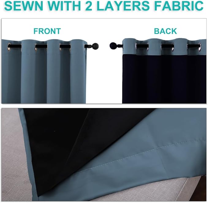 NICETOWN 100% Blackout Window Curtain Panels, Smoky Blue, 2 Pieces, 70" Wide Each Panel, Cold and Full Light Blocking Drapes with Black Liner for Nursery, 84" Drop Thermal Insulated Draperies