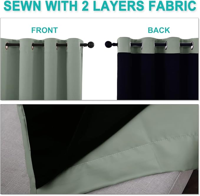 NICETOWN 100% Blackout Window Curtain Panels, Heat and Full Light Blocking Drapes with Black Liner for Nursery, 60" Drop Thermal Insulated Draperies (Greyish Green, 2 Pieces, 37" Wide Each Panel)
