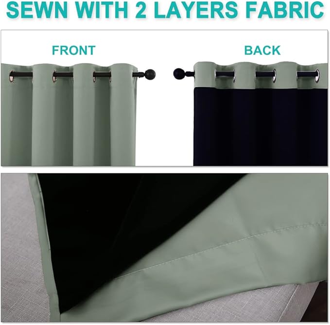 NICETOWN 100% Blackout Window Curtain Panels, Full Light Blocking Drapes with Black Liner for Nursery, 72-inch Drop Thermal Insulated Draperies (Greyish Green, 2 Pieces, 42-inch Wide Per Panel)
