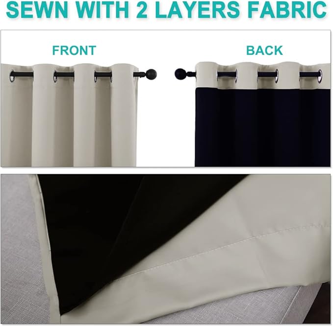NICETOWN Natural Blackout Curtains 80 inches Long, 2 Pieces, 37" Wide Each Panel, Full Light Blocking Drapes with Black Liner for Nursery, Noise Reducing Thermal Insulated Draperies for Doorway