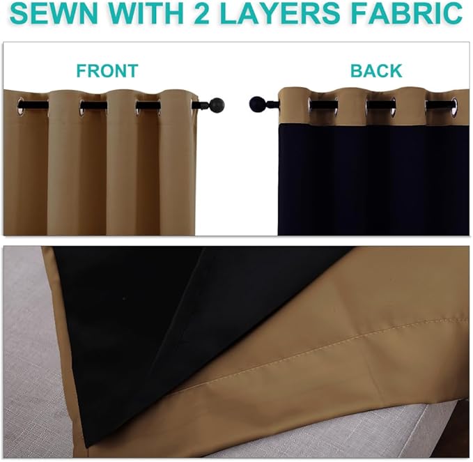 NICETOWN 100% Blackout Short Curtains with Black Liners, 2 Panels, 37" W by 50" L, Gold Brown, Solid Thermal Insulated Full Blackout 2-Layer Lined Drapes, Energy Efficiency Window Drapes for Bedroom