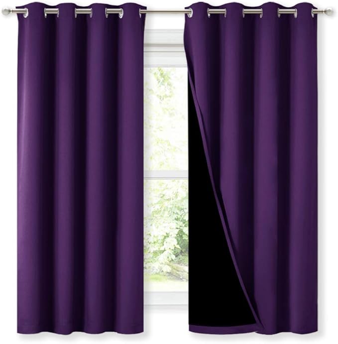 NICETOWN Extra Long Truly Blackout Drapes for Hall and Villa, 46-inch Width Each Panel, 45-inch Length, Royal Purple, 2 Pieces, 100% Blackout Window Curtains with Black Lined for Night Shift Worker