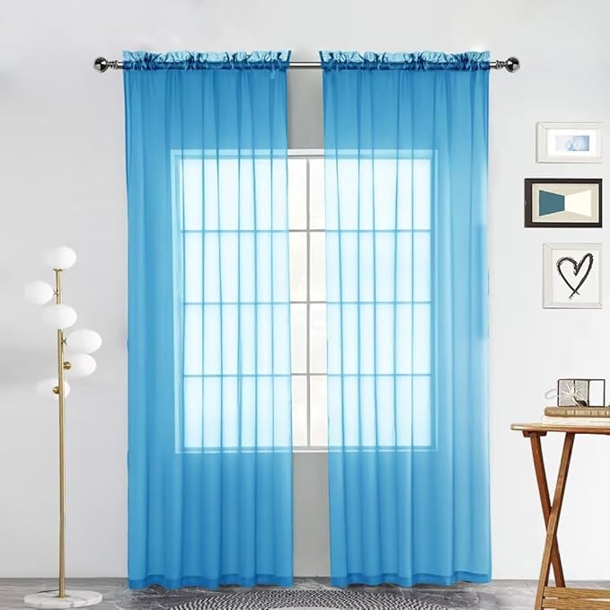 SpaceDresser Basic Rod Pocket Sheer Voile Window Curtain Panels Cyan Blue 1 Pair 2 Panels 52 Width 84 Inch Long for Kitchen Bedroom Children Living Room Yard(Cyan Blue,52 W x 84 L)