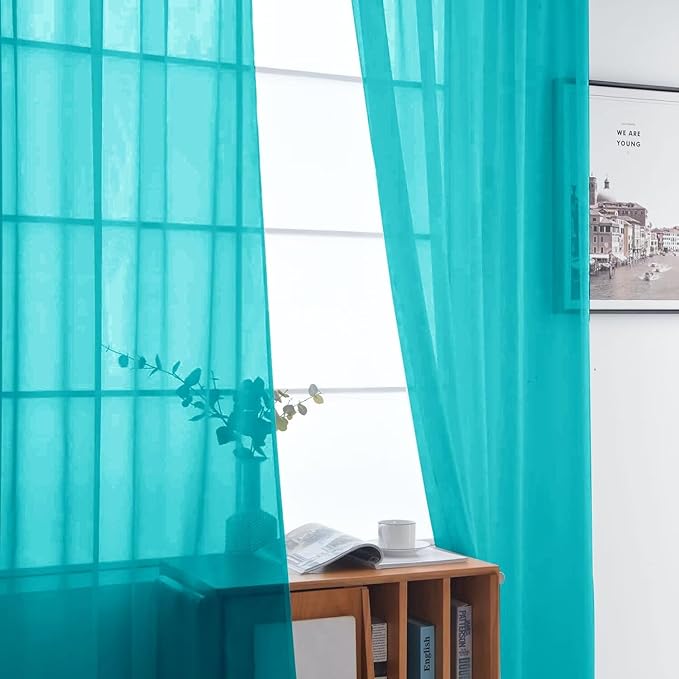 SpaceDresser Sheer Voile Window Treatment Rod Pocket Curtain Panels for Kitchen Bedroom Living Room Drapes Sunlight Filtering Privacy Semi Home Decor Assorted (Peacock Blue, 52 W x 84 L)